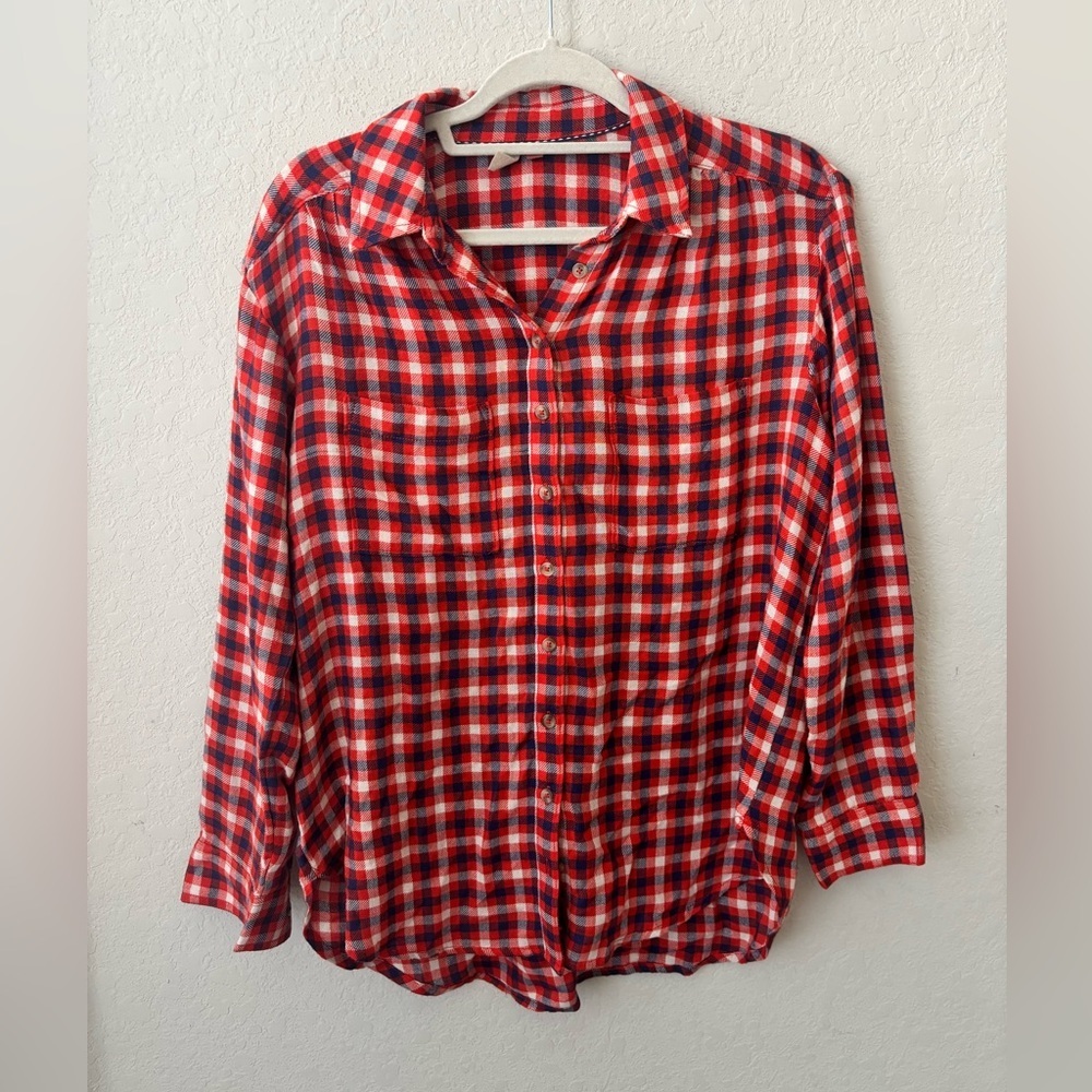 ANTHROPOLOGIE PILCRO PLAID relaxed button down shirt sz Small red navy